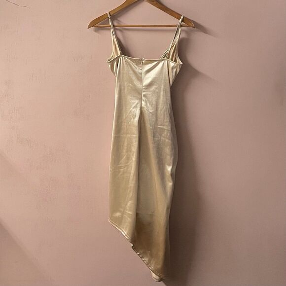 Better Be Champagne Gold Asymmetrical Bodycon Dress Size M - Picture 2 of 12